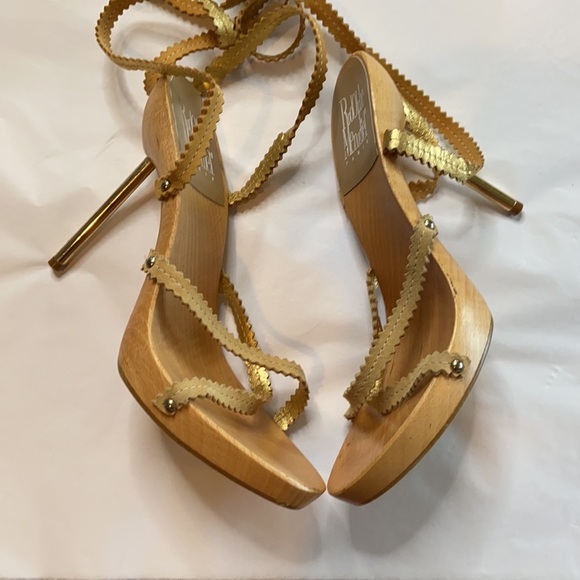 RODOLPHE MENUDIER WOODEN GOLD SUEDE PLATFORM HIGH WRAP‎ SANDAL SIZE 9 - Picture 3 of 6